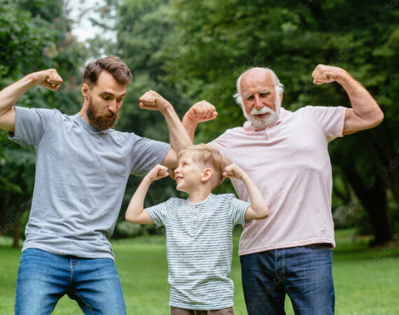 3 generations of men in strong man flex